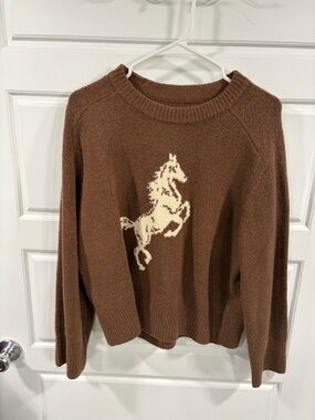 Abercrombie & Fitch Brown Crewneck Sweater with Cream Horse Intarsia